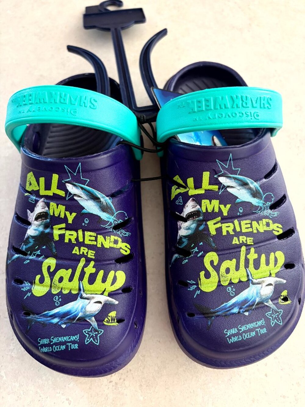 RUGGED SHARK Boys Size 13 Swivel Strap  Clogs Comfort Shark Week Salty Friends